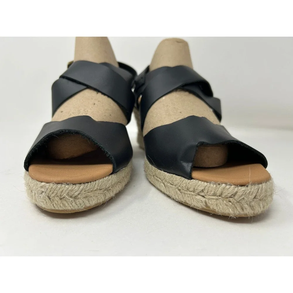Barbour Black Leather Espadrille Wedge Sandals Buckle Ankle Strap Women's Size 9